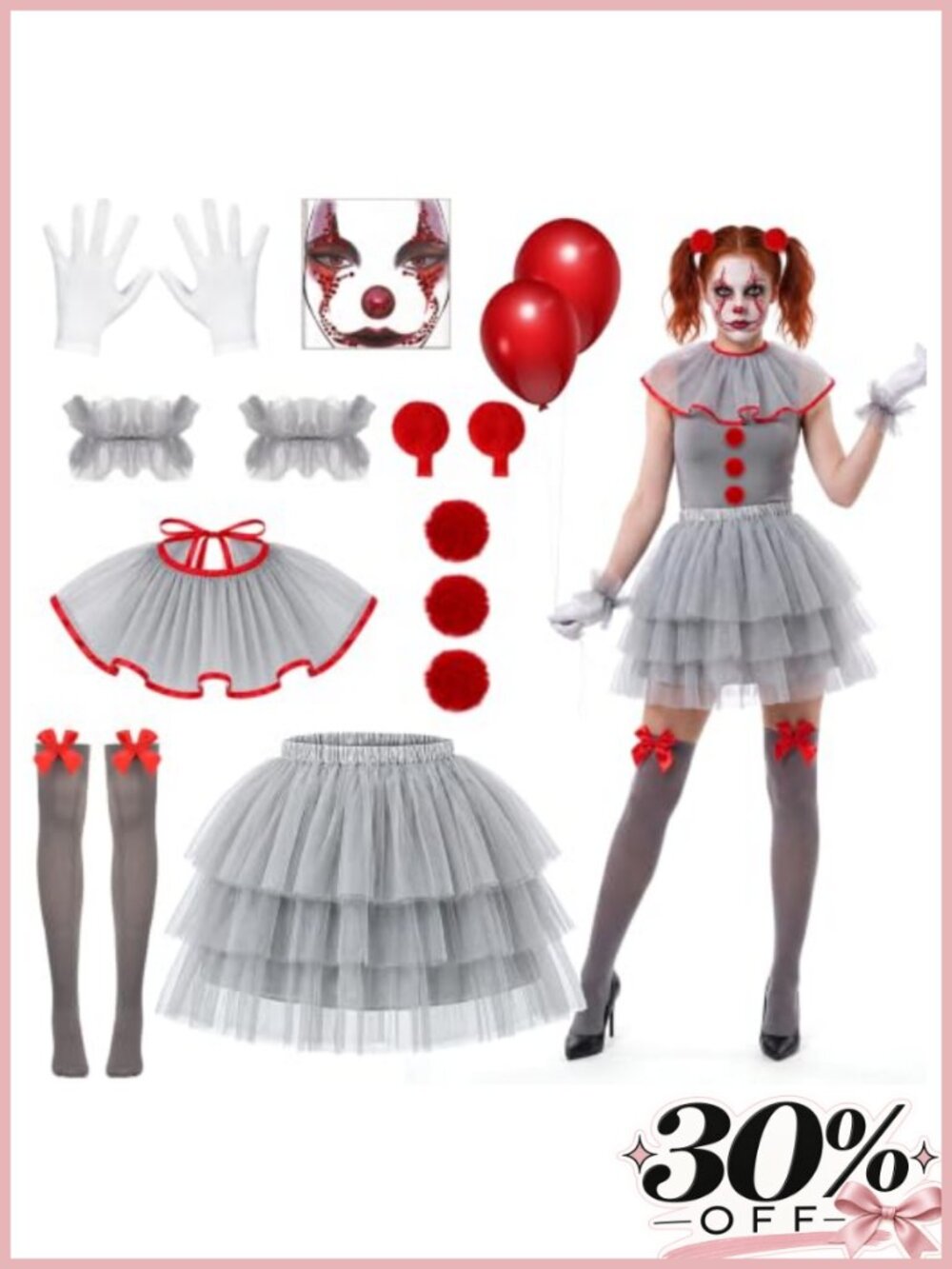 Women's Scary Clown Costume Set Tutu Choker Socks Gloves Halloween
